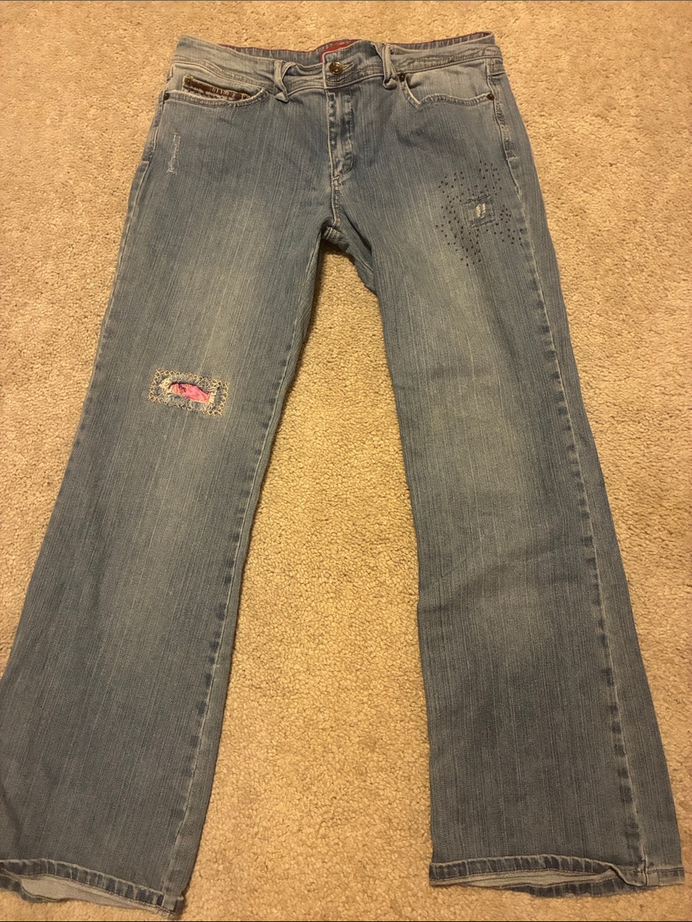 GLO jeans light blue flare jeans with pink patch